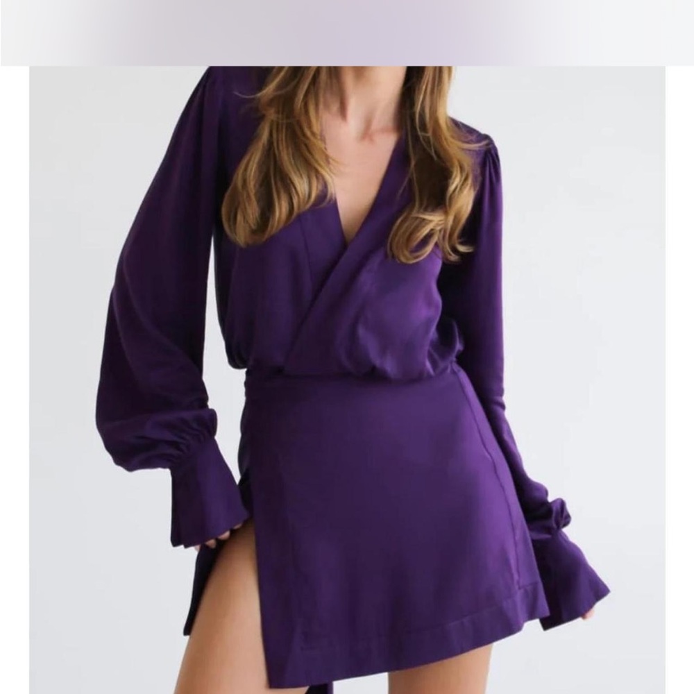 Rumored Purple Mini Wrap Dress with Long Bishop Sleeves